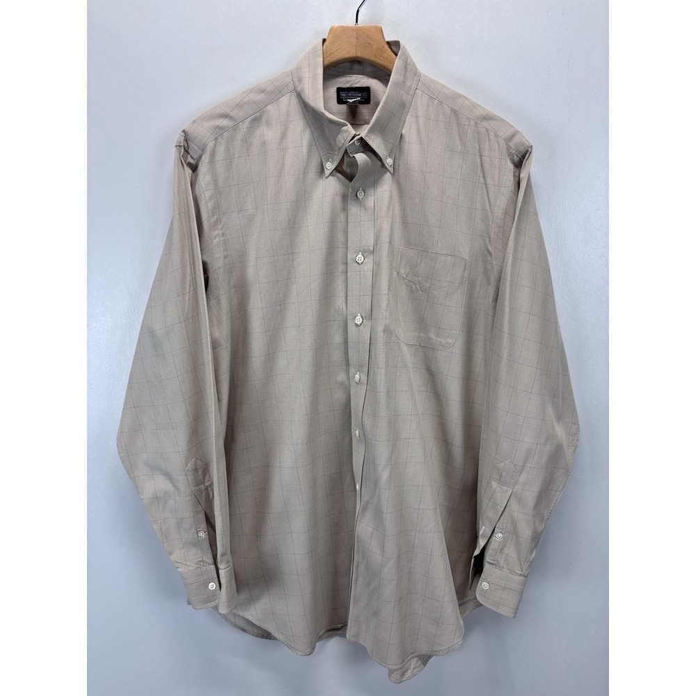 J. Peterman Button Down Shirt Sz 17 Men's Tan Plaid Check Made USA